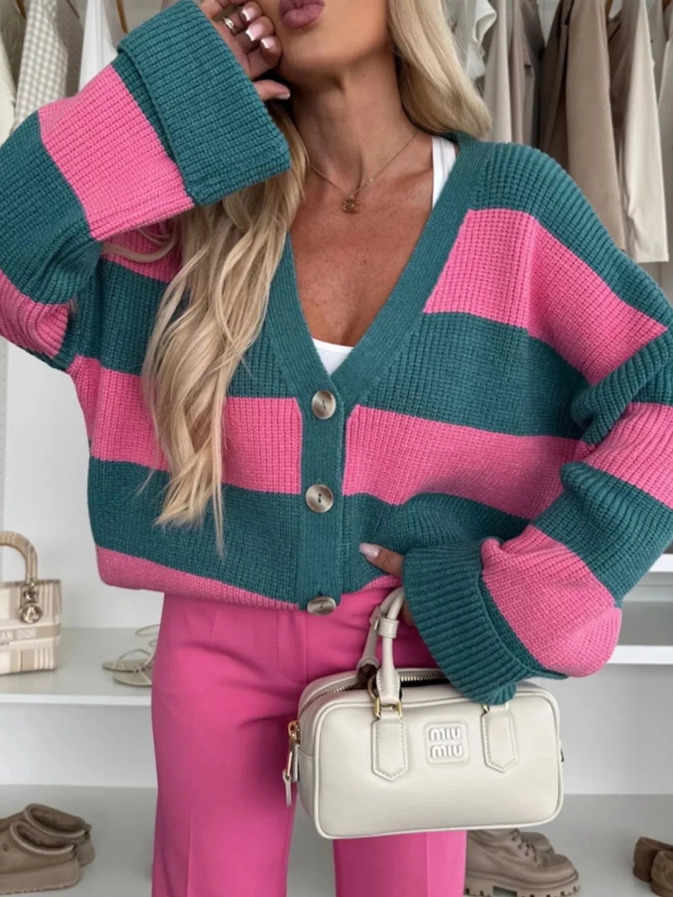 Color Block Striped V-Neck Button Front Cardigan