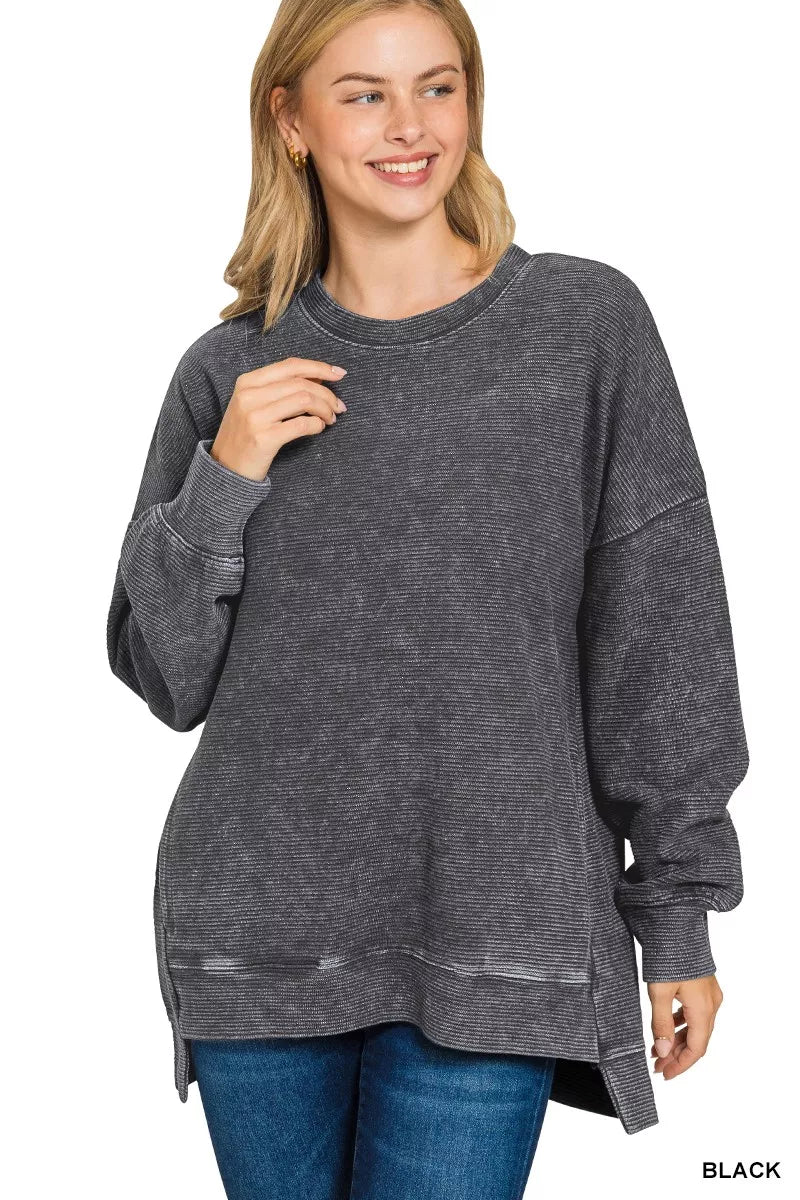Zenana Full Size Acid Washed Double Ribbed Hi-low Sweatshirt Plus Size