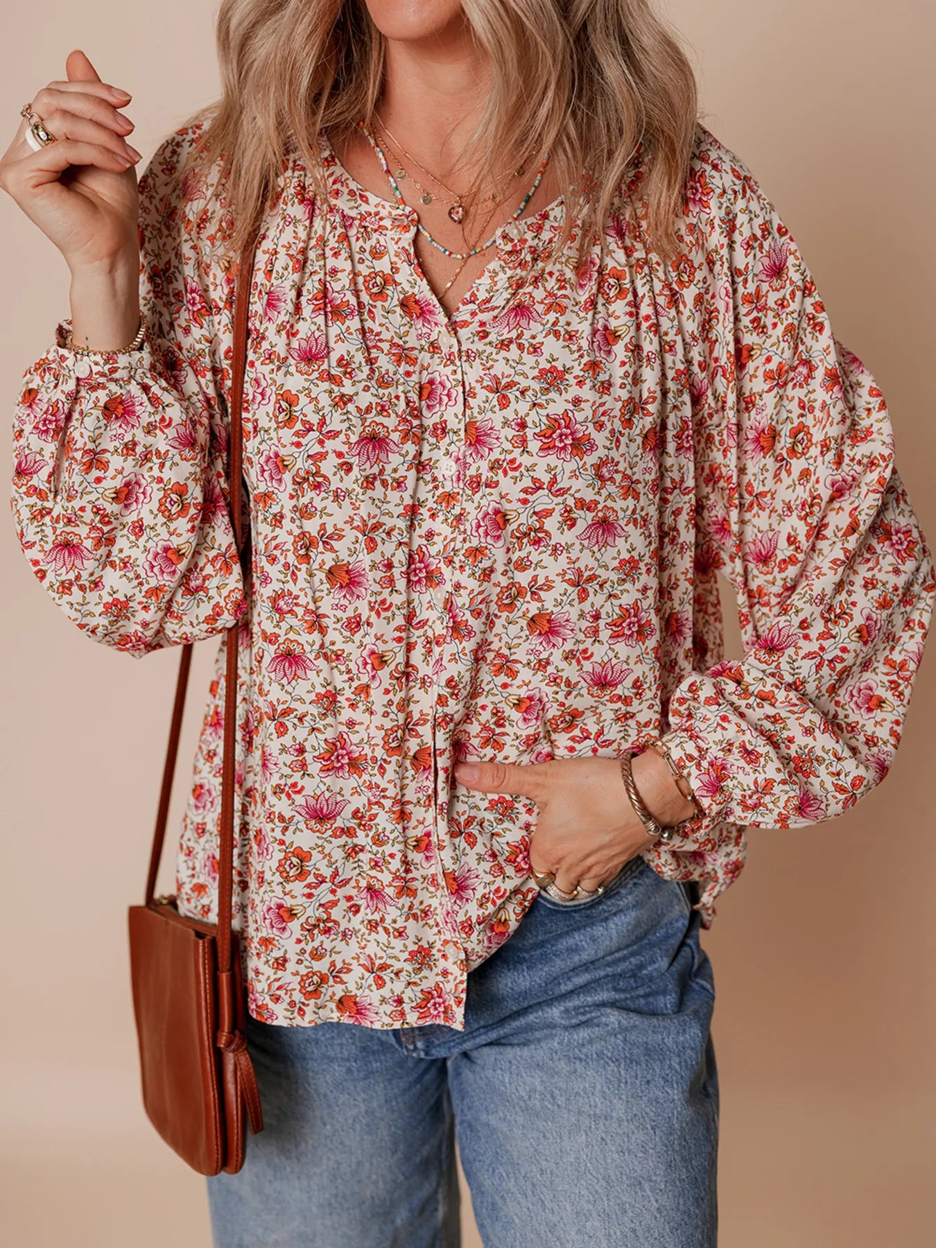 Floral Long Sleeve Button Down Blouse