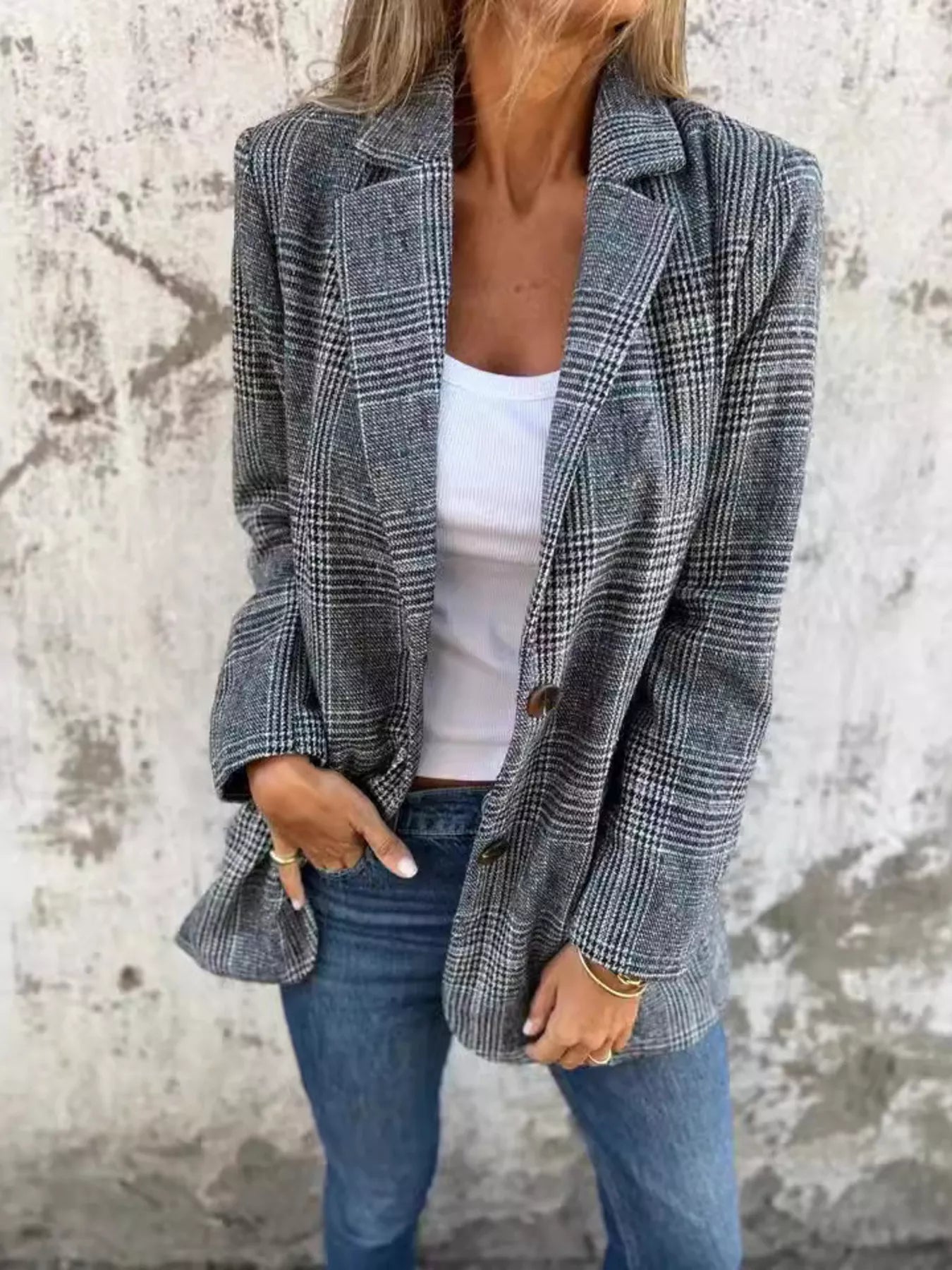 Full Size Plaid Single-Breasted Long Sleeve Blazer Plus Size