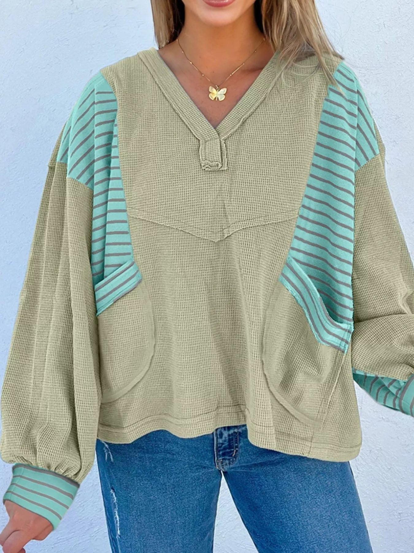 Exposed Seam Waffle Striped Patchwork Baggy Blouse