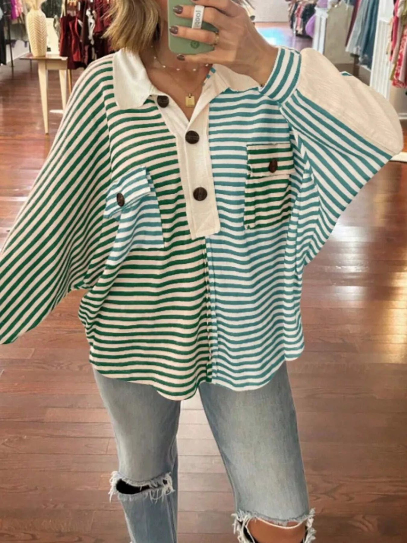 Striped Oversized Half Button Sweatshirt