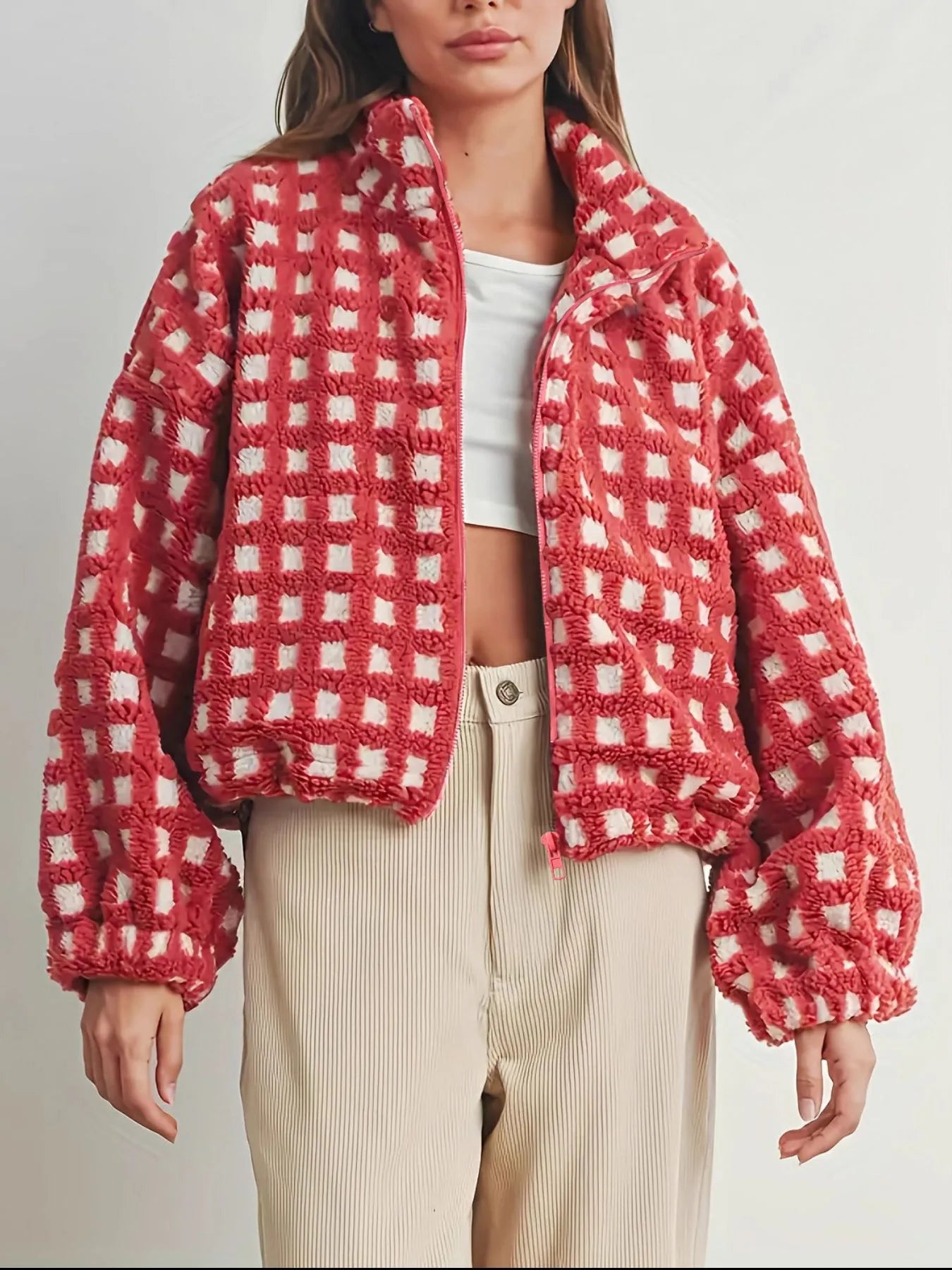 Fleece Checkered Puff Sleeve Bomber Jacket