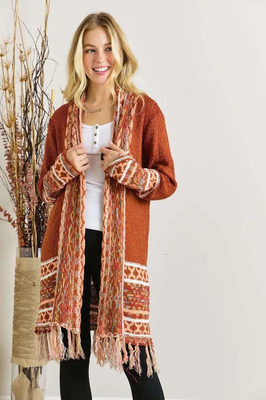 ADORA Full Size Fringe Hem Aztec Border Cardigan Plus Size