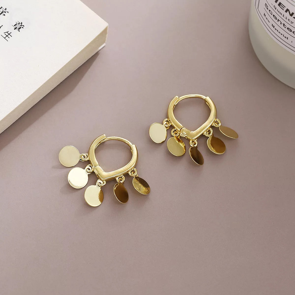 18K Gold-Plated Drop Hoop Earrings with Dangling Disc Charms