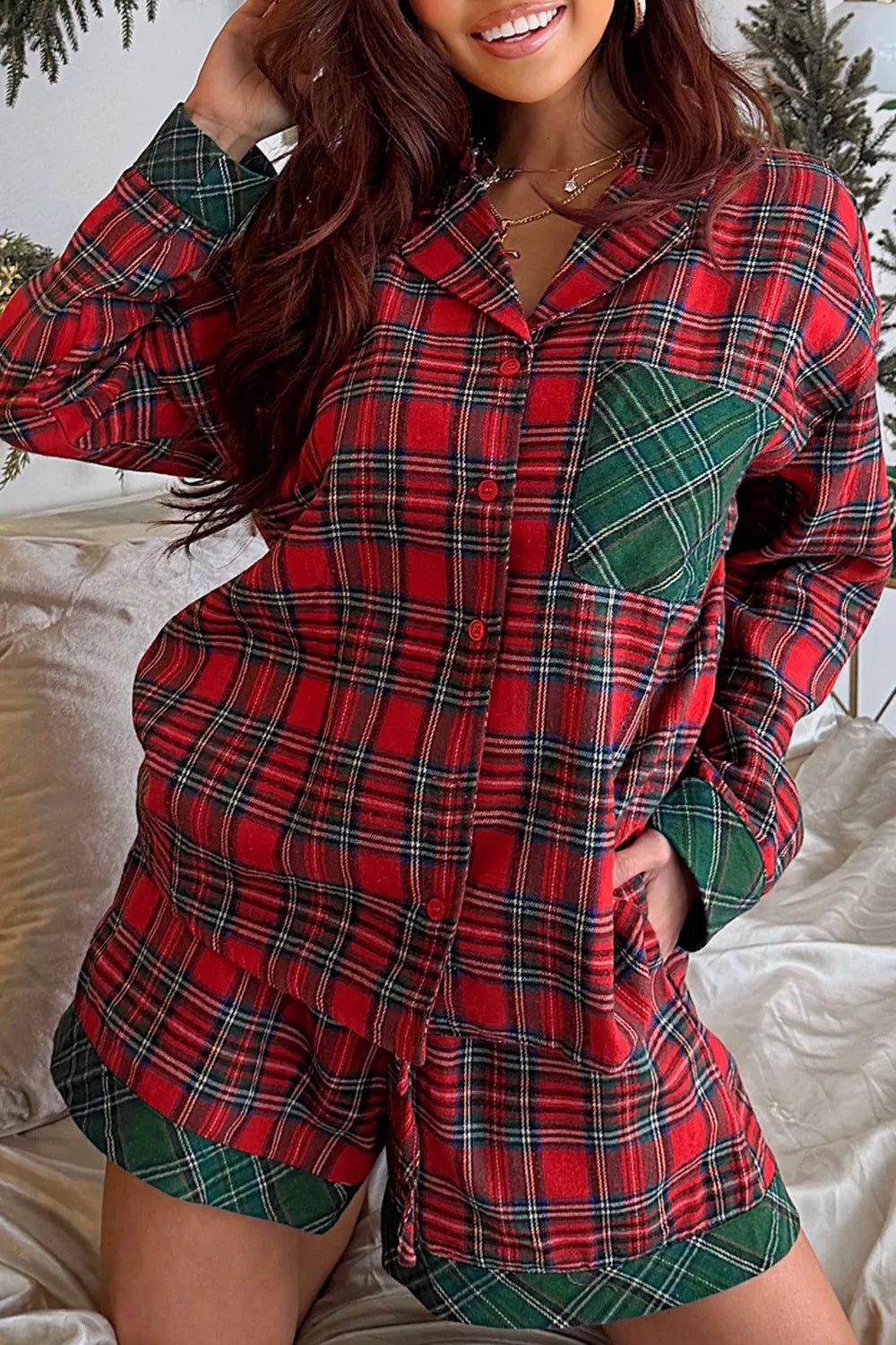 Plaid Contrast Patched Christmas Holiday Long Sleeve Shirt and Short 2pcs Pajama Set