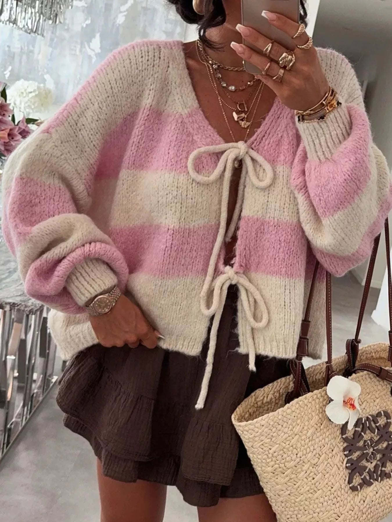 Striped Tie-Front Knit Cardigan