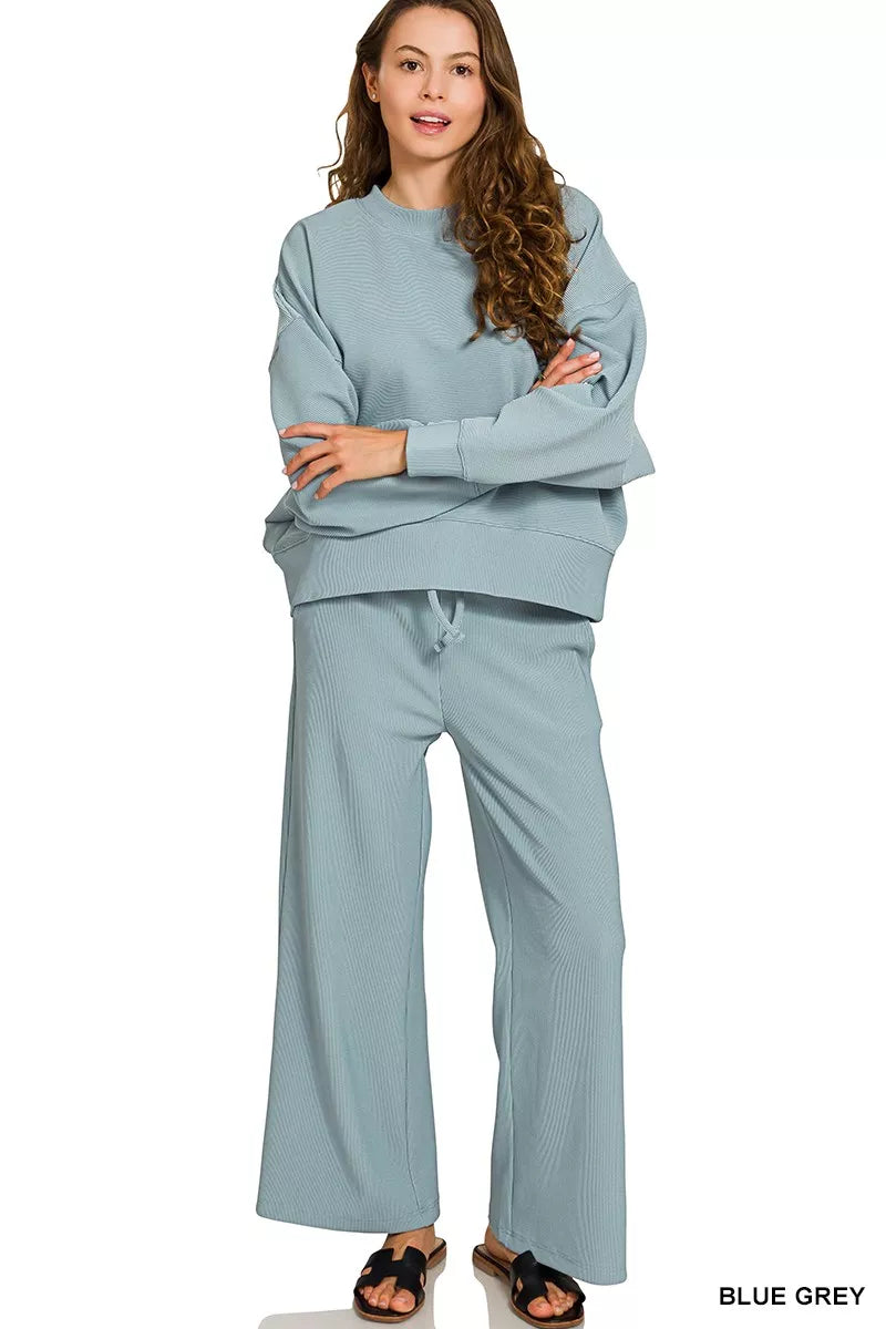 Zenana Ribbed Round Neck Pullover and Drawstring Pants Set