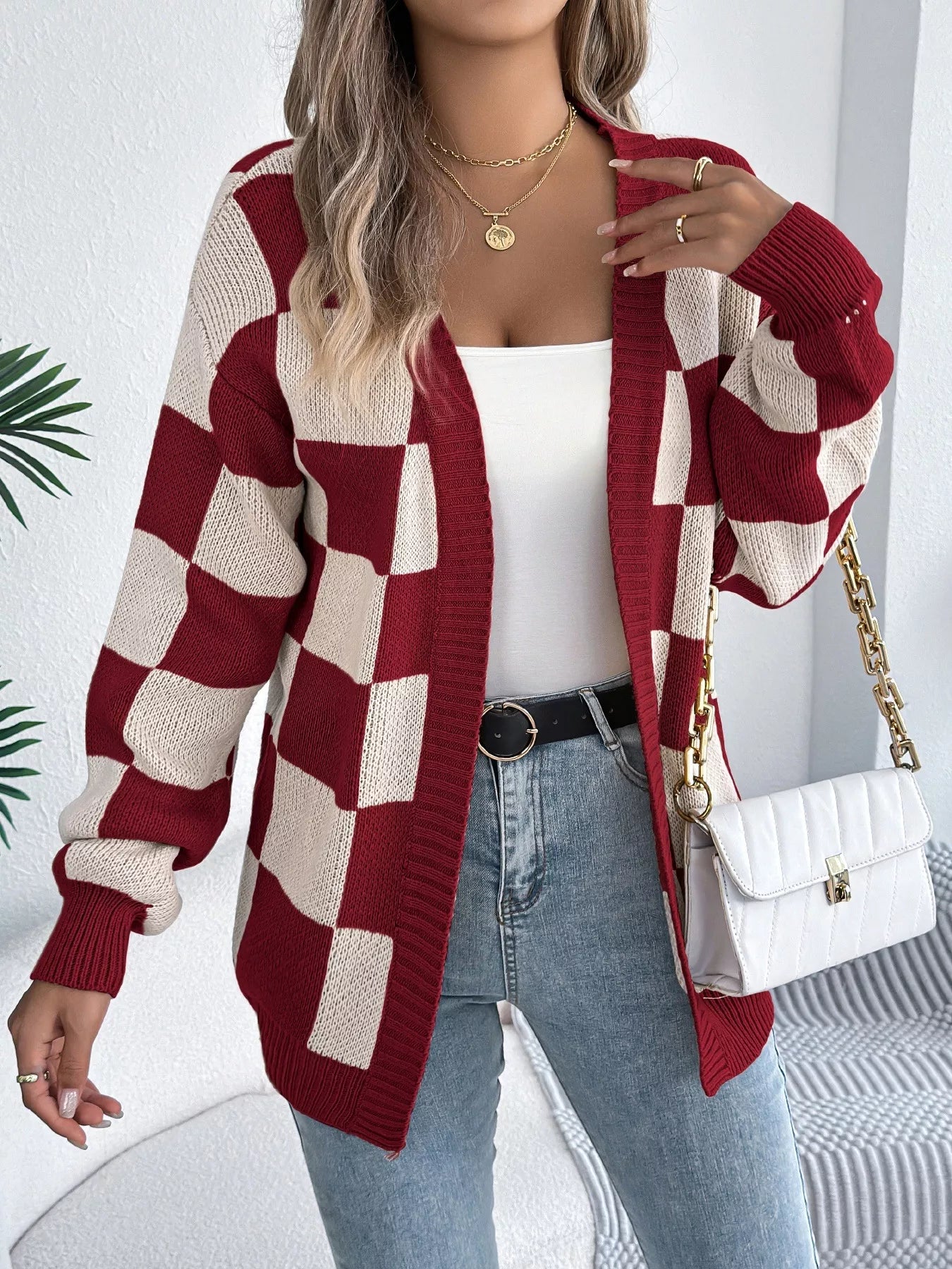Checkered Pattern Open Front Cardigan