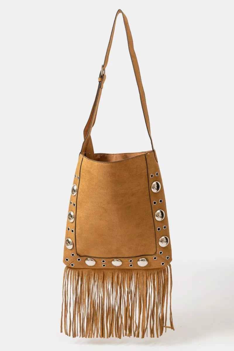 Fame Faux Suede Grommet Accent Fringe Tote Bag