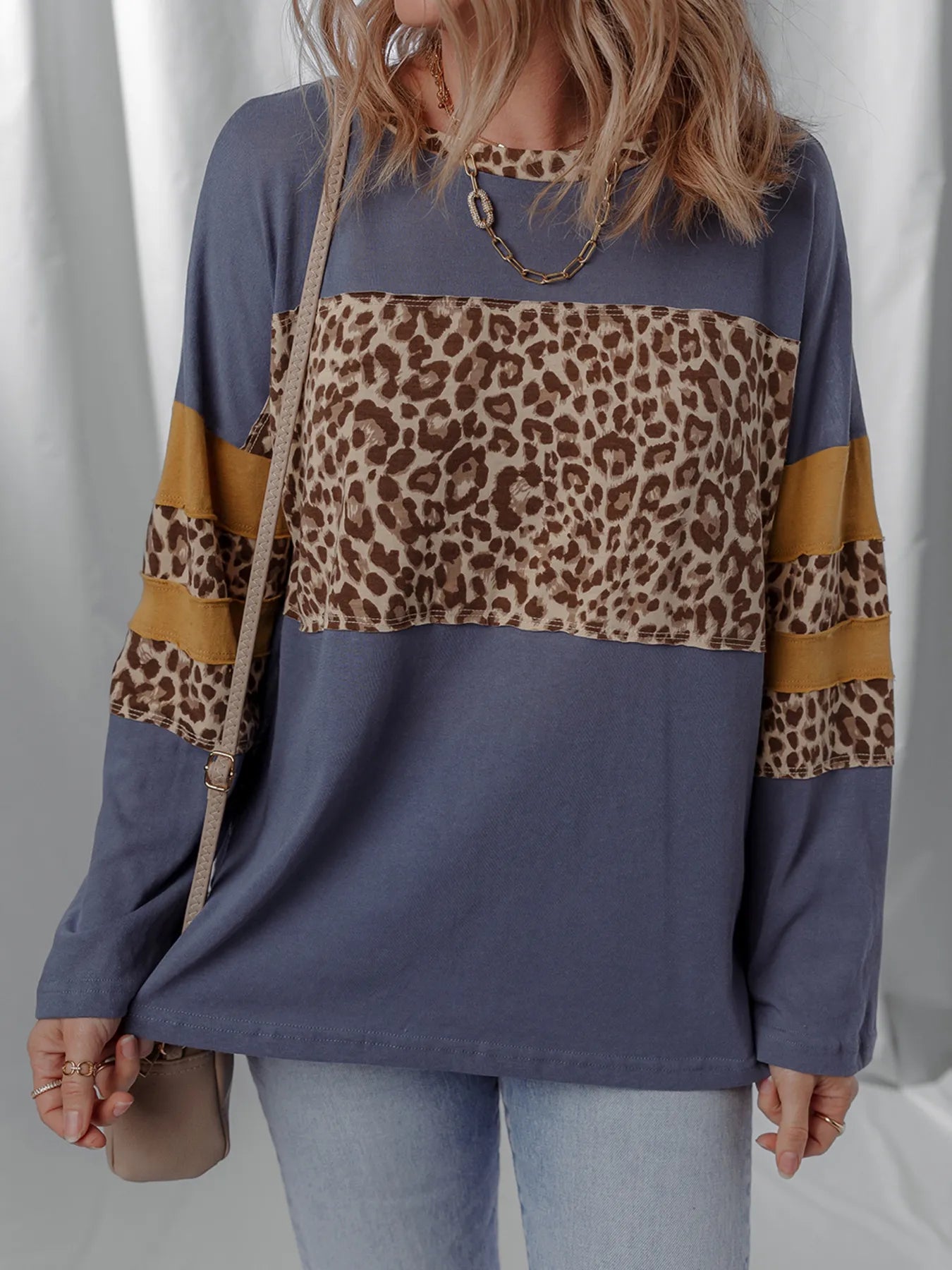 Leopard Color Block Long Sleeve Drop Shoulder Top