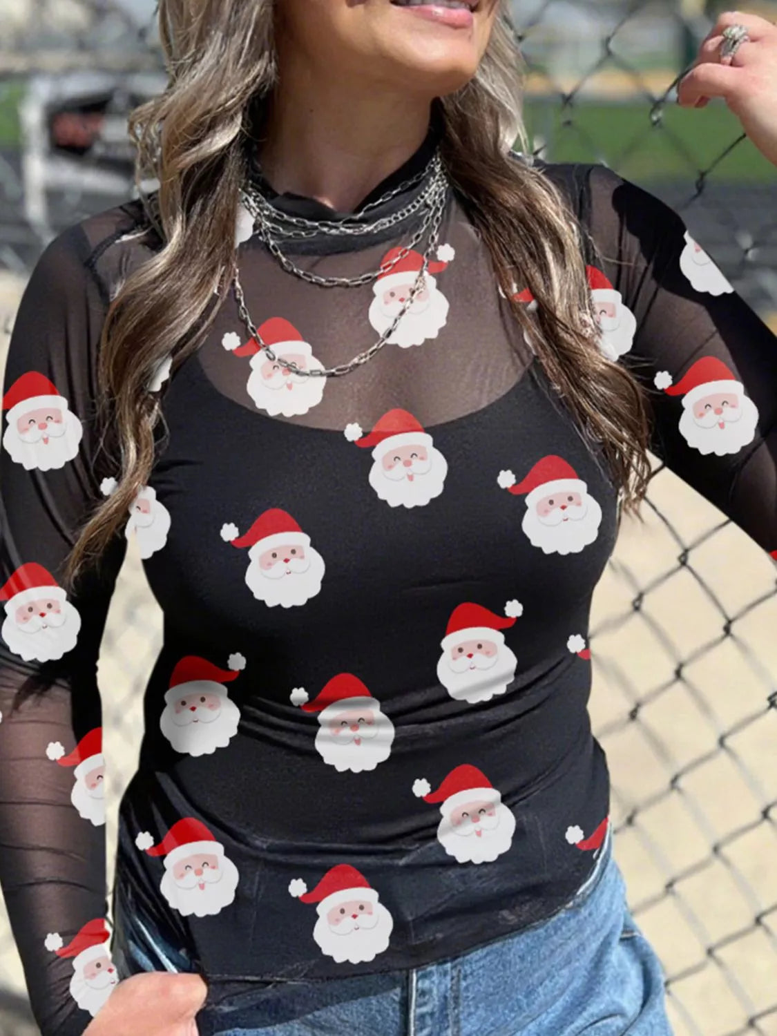 Christmas Santa Print Mesh Long Sleeve Top