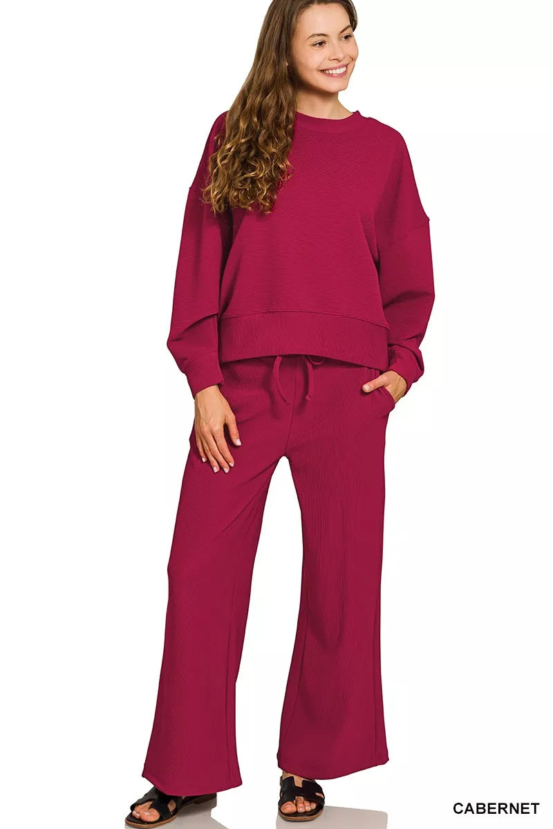 Zenana Ribbed Round Neck Pullover and Drawstring Pants Set