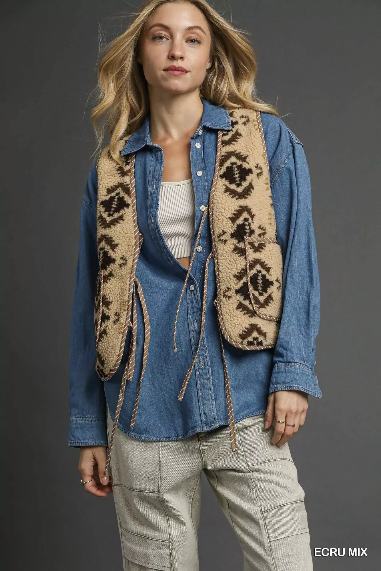 Umgee Mix Patterned Sherpa Tie-Front Vest