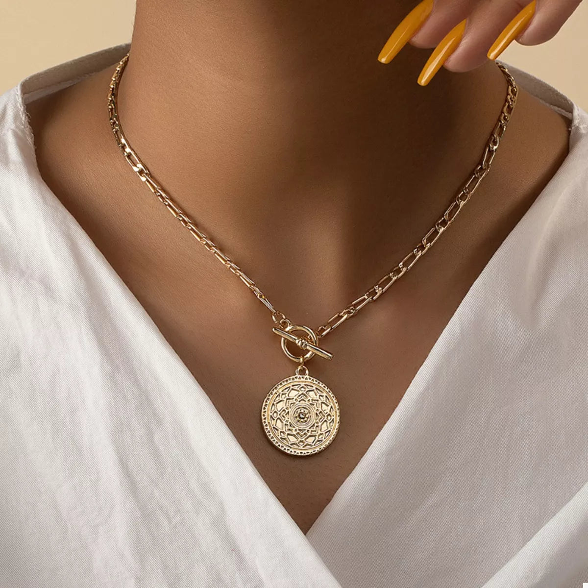 Chain Link Necklace with Vintage Coin Pendant
