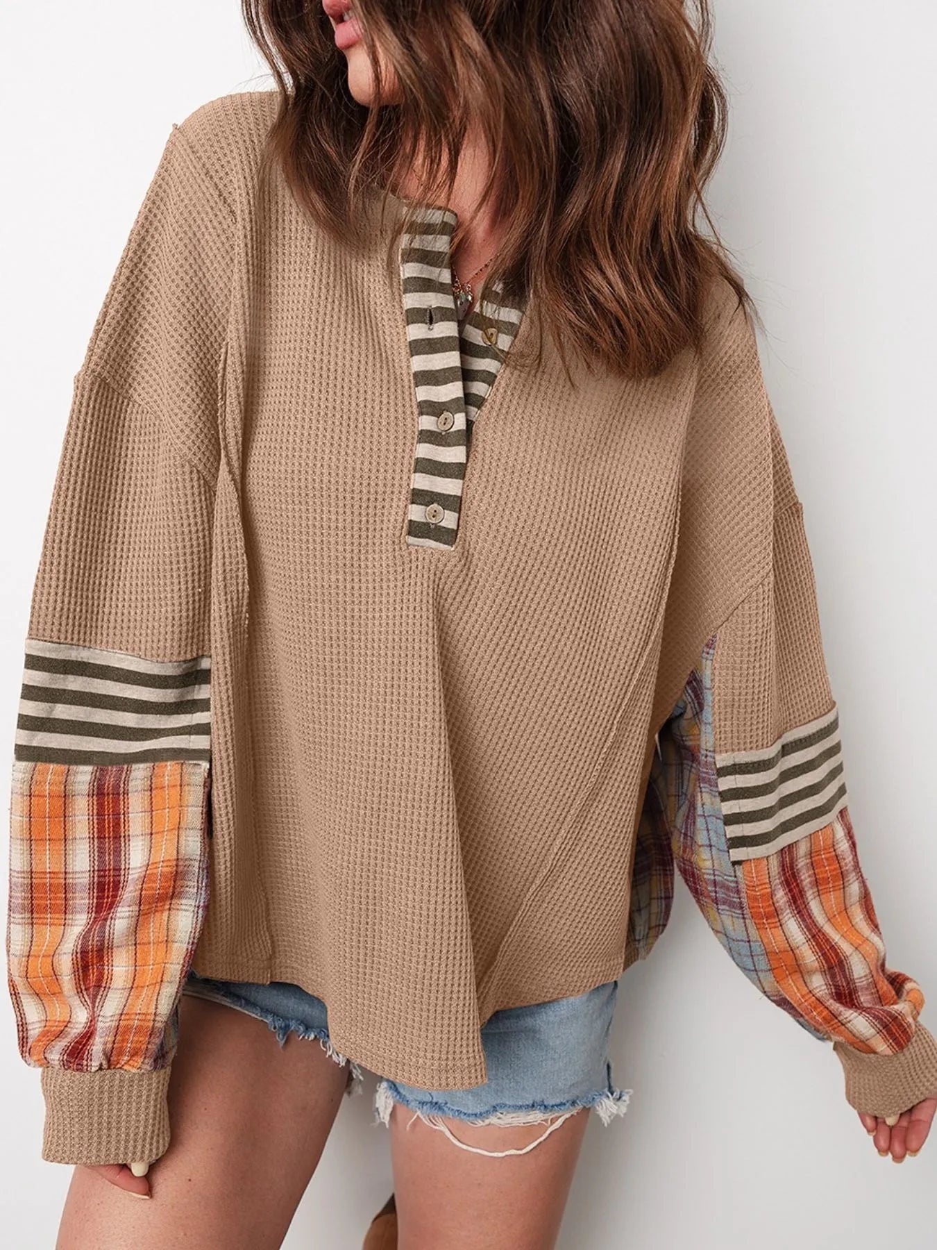 Waffle Stripe Plaid Patchwork Henley Knit Top