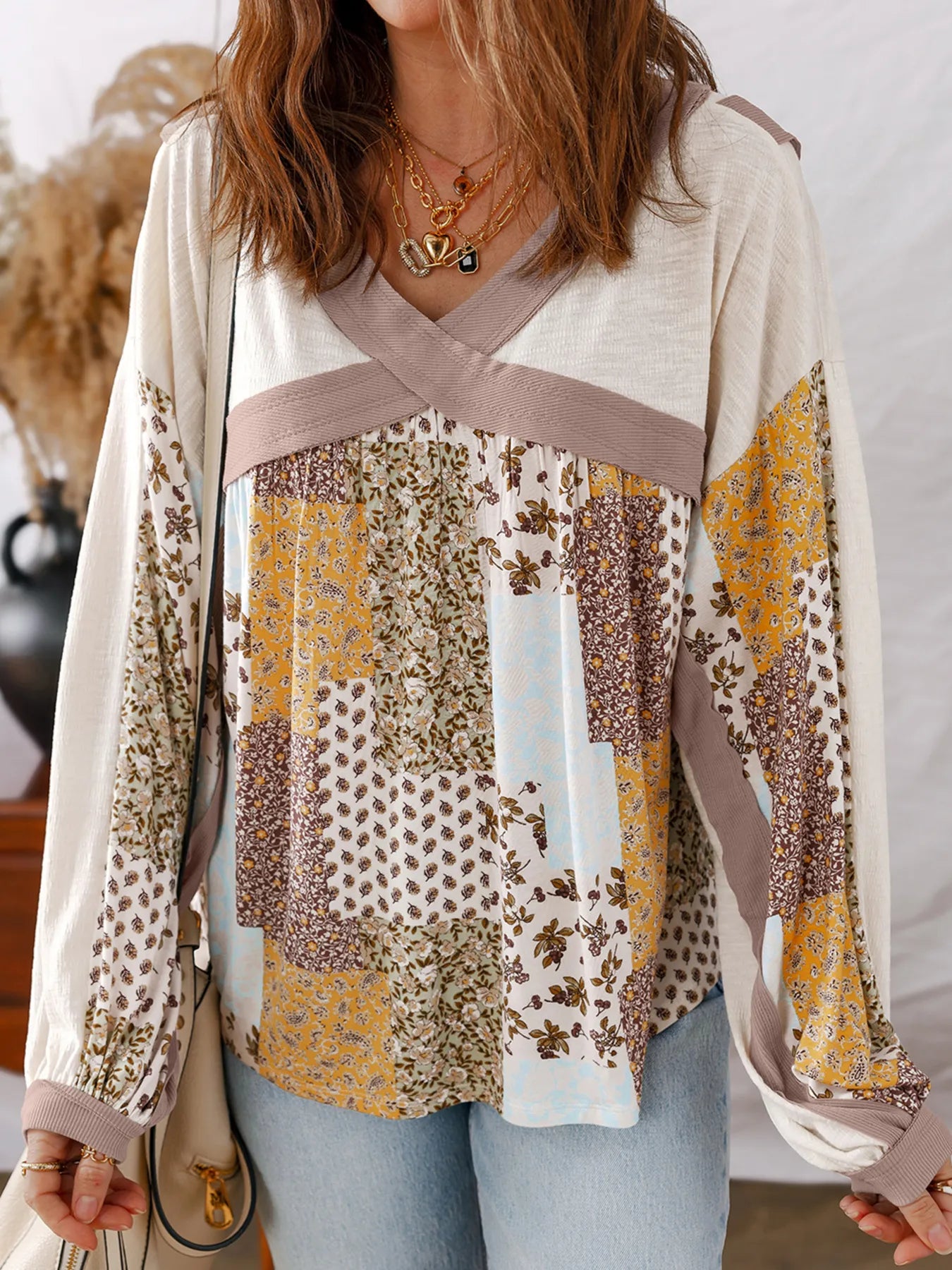 Floral Printed Contrast Patchwork Long Sleeve Top