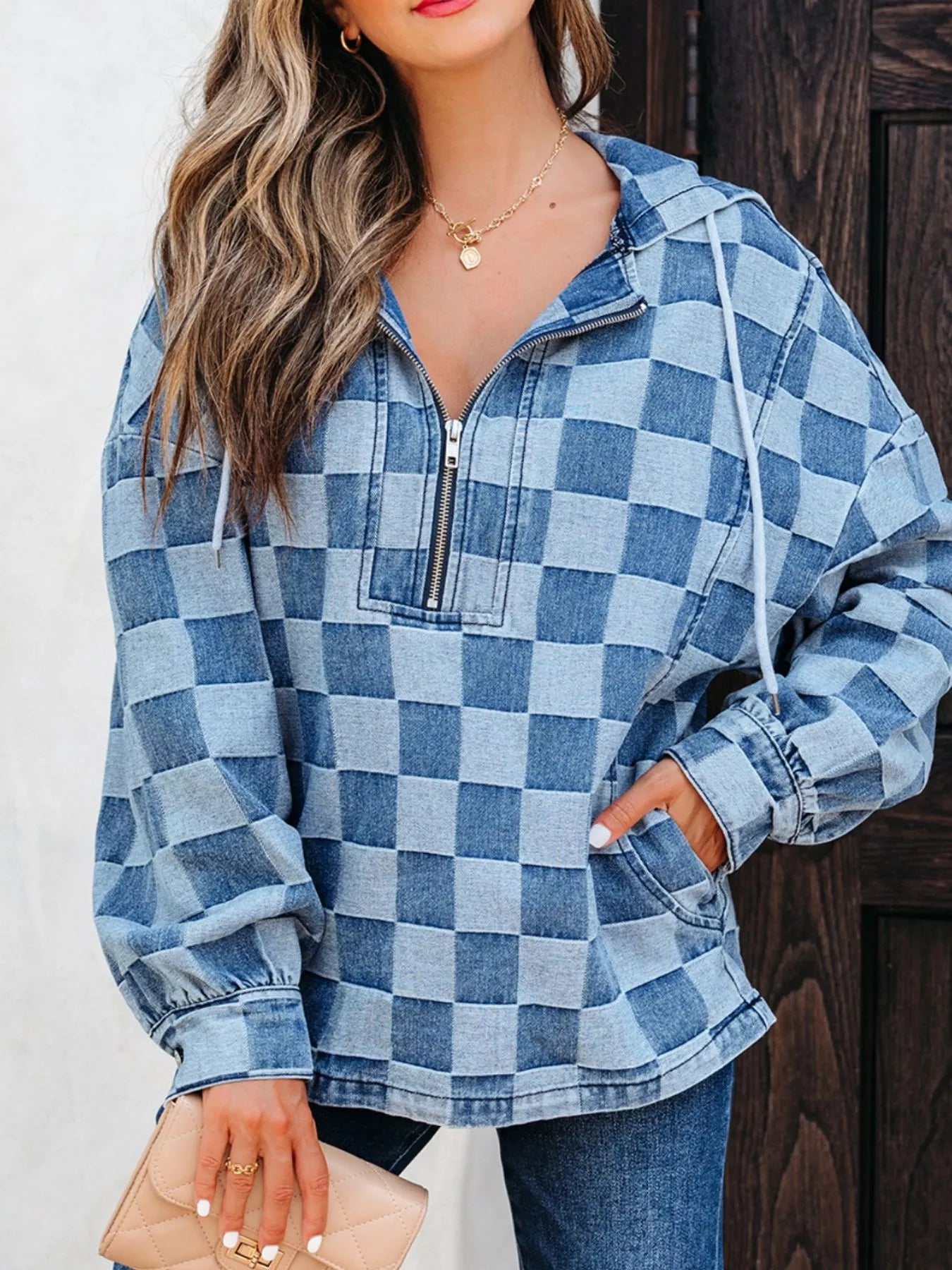 Checkered Half Zip Denim Hoodie Top