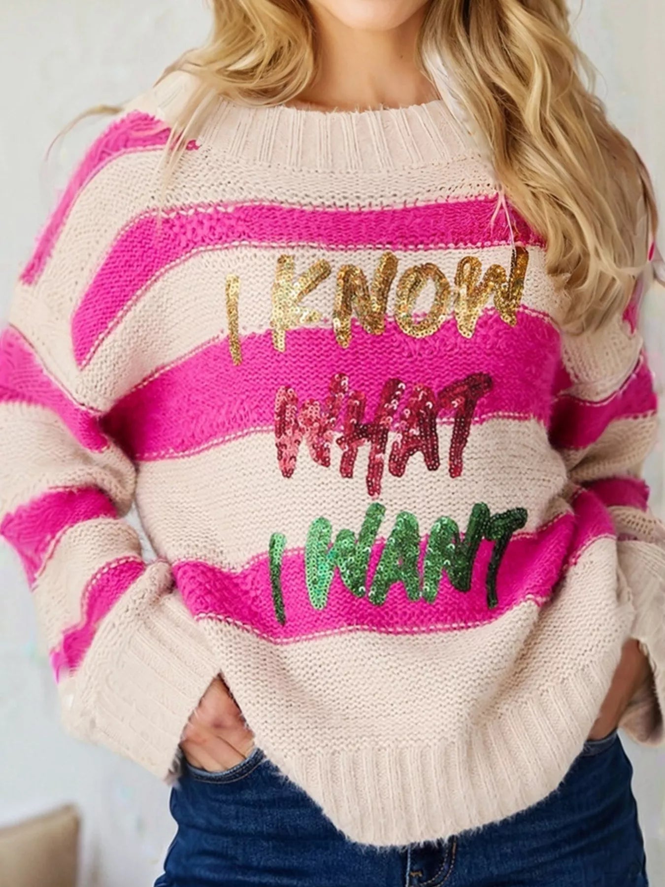 Sequin Letter Graphic Colorblock Loose Sweater