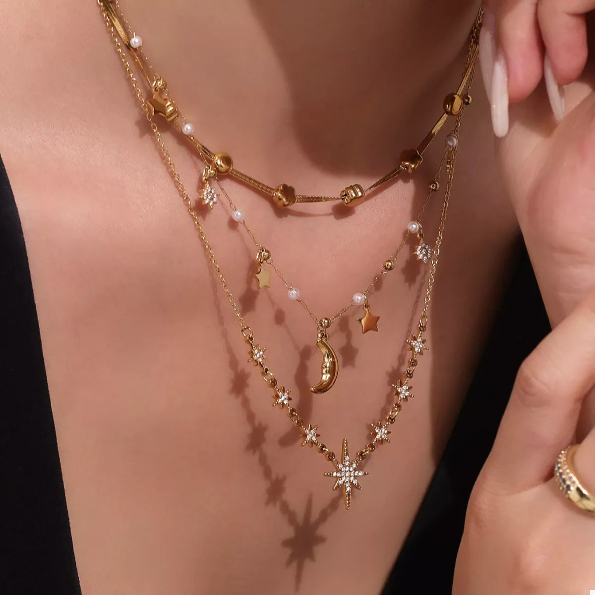 18K Gold-Plated Stainless Steel Zircon Star Moon Necklace